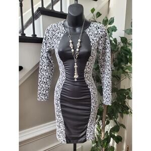 Good Time Women's White Black Rayon Round Neck Long Sleeve Knee Length Dress S